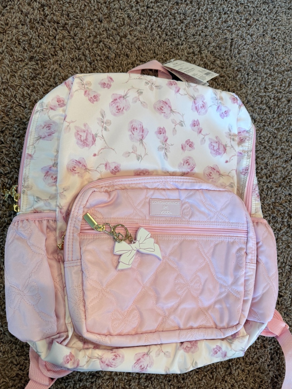 LoveShackFancy Pink Floral Quilted Kids Backpack with Bow Charm